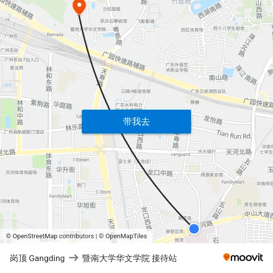岗顶 Gangding to 暨南大学华文学院 接待站 map