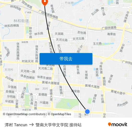 潭村 Tancun to 暨南大学华文学院 接待站 map
