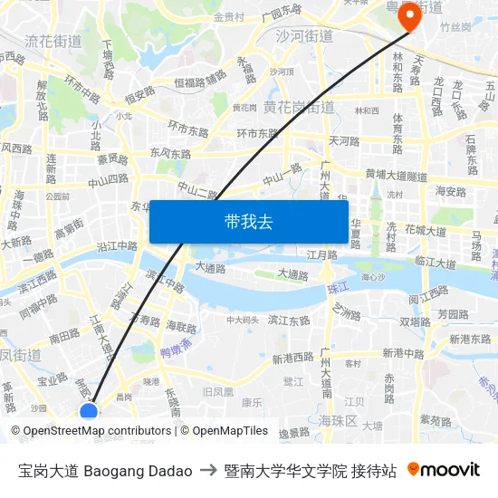 宝岗大道 Baogang Dadao to 暨南大学华文学院 接待站 map