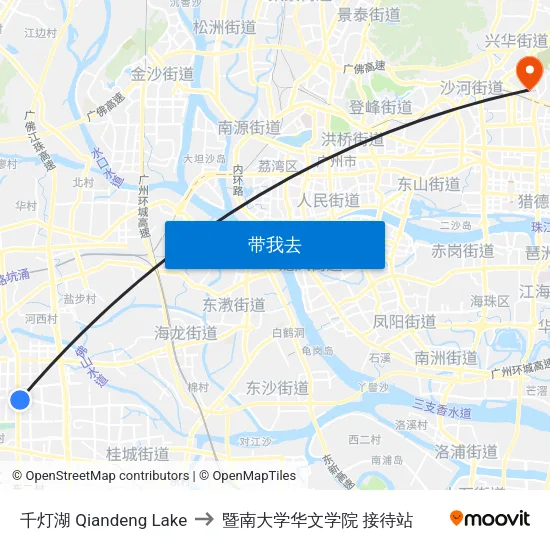 千灯湖 Qiandeng Lake to 暨南大学华文学院 接待站 map