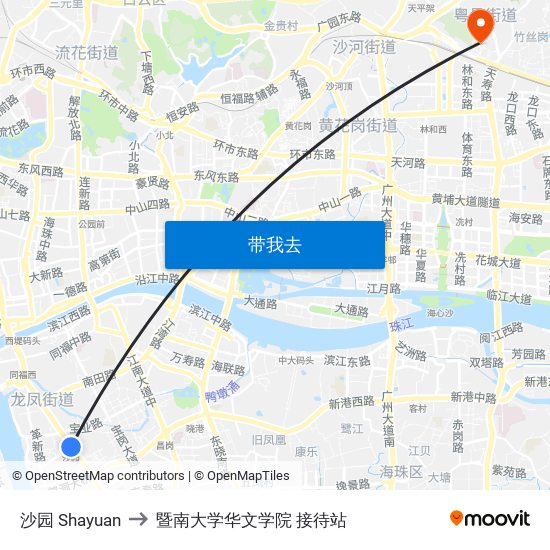 沙园 Shayuan to 暨南大学华文学院 接待站 map