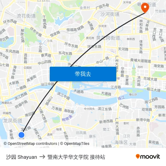 沙园 Shayuan to 暨南大学华文学院 接待站 map