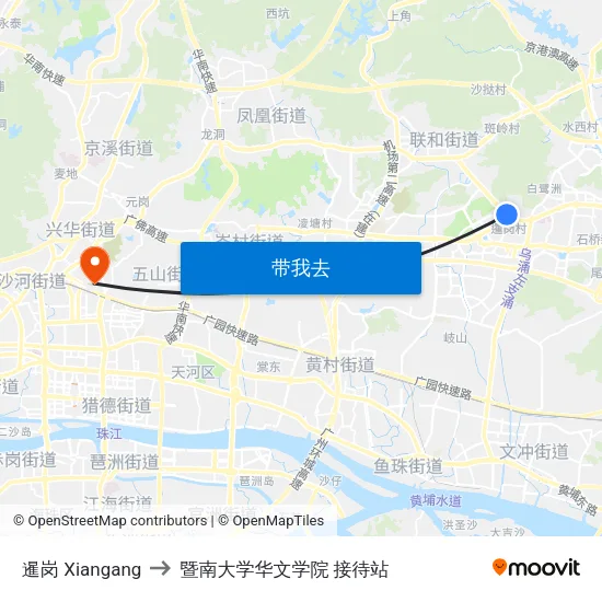 暹岗 Xiangang to 暨南大学华文学院 接待站 map