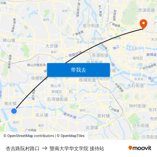 杏吉路阮村路口 to 暨南大学华文学院 接待站 map