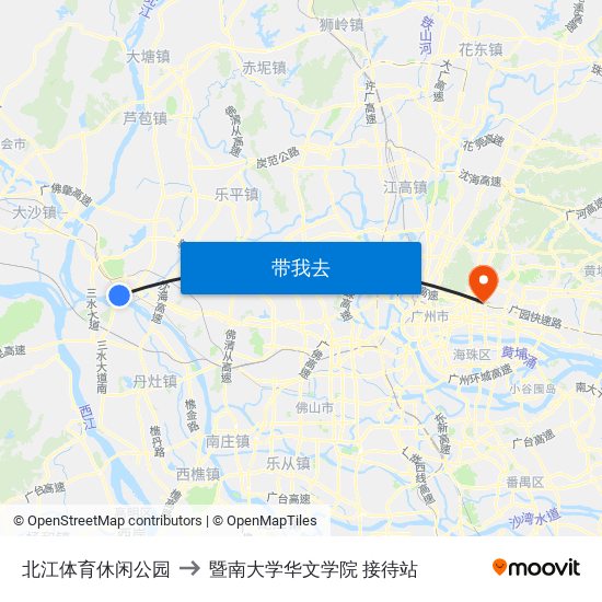 北江体育休闲公园 to 暨南大学华文学院 接待站 map