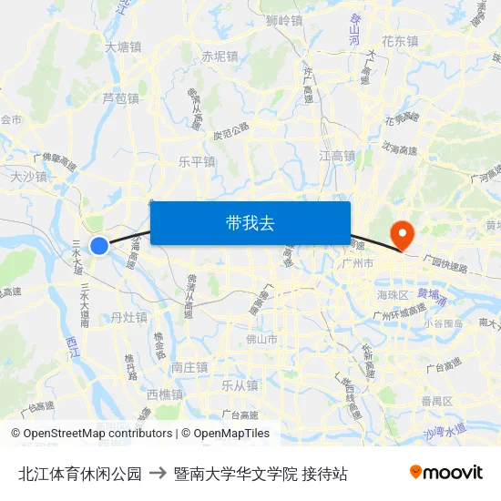北江体育休闲公园 to 暨南大学华文学院 接待站 map