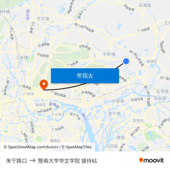 朱宁路口 to 暨南大学华文学院 接待站 map