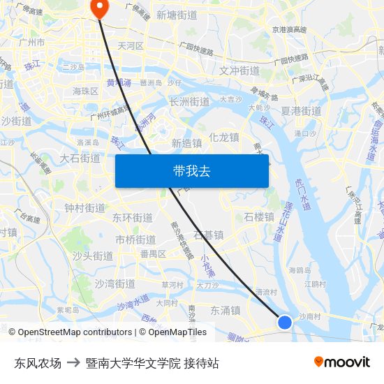 东风农场 to 暨南大学华文学院 接待站 map