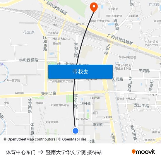 体育中心东门 to 暨南大学华文学院 接待站 map