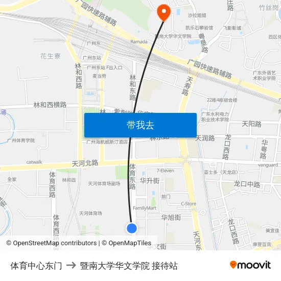 体育中心东门 to 暨南大学华文学院 接待站 map