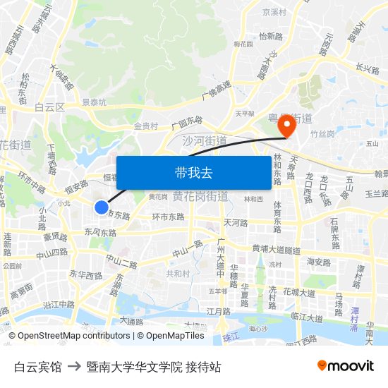 白云宾馆 to 暨南大学华文学院 接待站 map