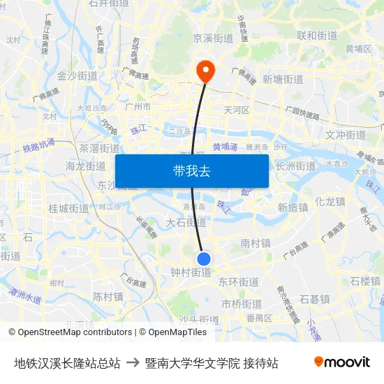 地铁汉溪长隆站总站 to 暨南大学华文学院 接待站 map