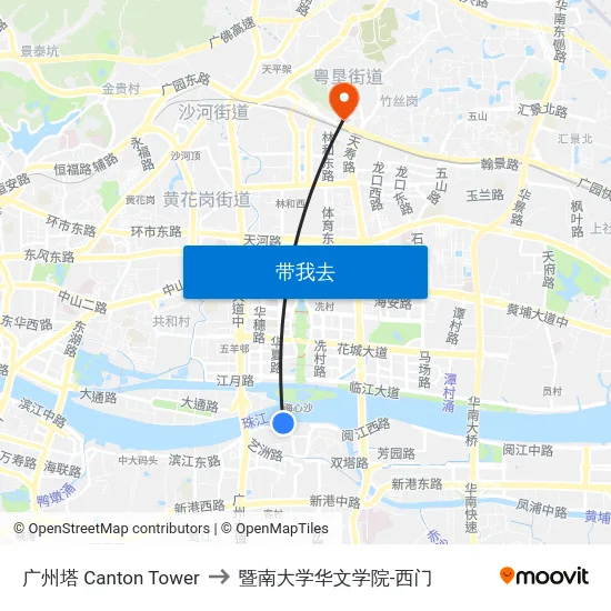 广州塔 Canton Tower to 暨南大学华文学院-西门 map