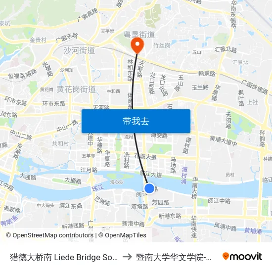 猎德大桥南 Liede Bridge South to 暨南大学华文学院-西门 map
