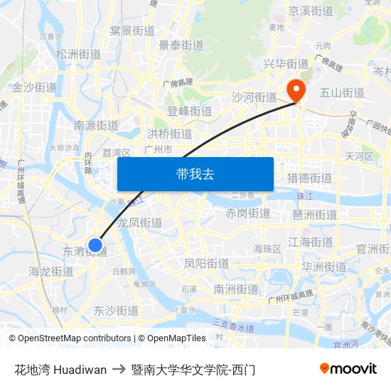 花地湾 Huadiwan to 暨南大学华文学院-西门 map