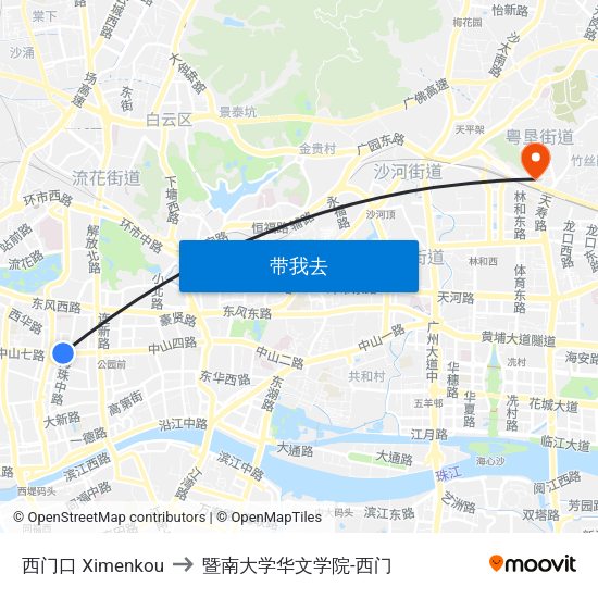 西门口 Ximenkou to 暨南大学华文学院-西门 map