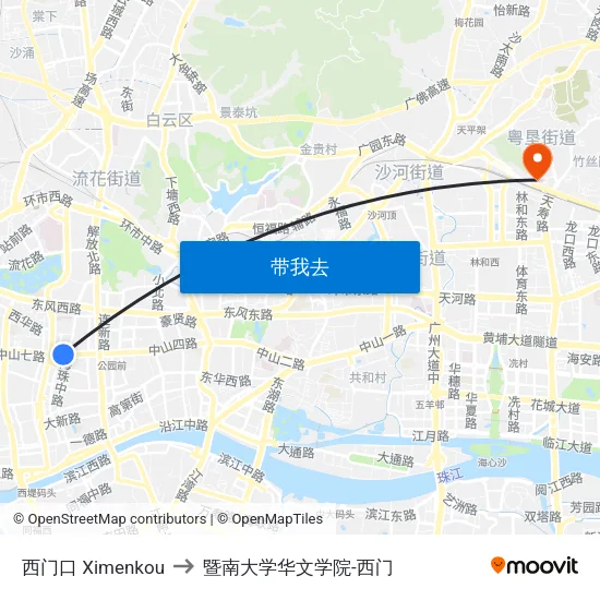 西门口 Ximenkou to 暨南大学华文学院-西门 map