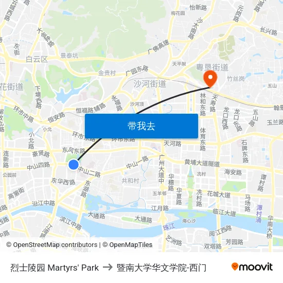 烈士陵园 Martyrs' Park to 暨南大学华文学院-西门 map