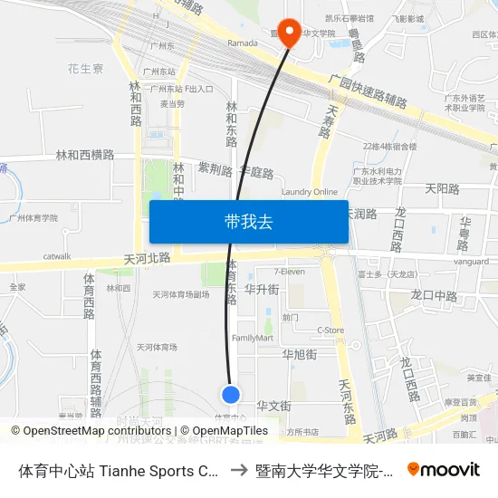 体育中心站 Tianhe Sports Center to 暨南大学华文学院-西门 map