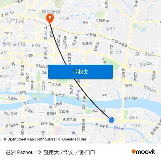 琶洲 Pazhou to 暨南大学华文学院-西门 map