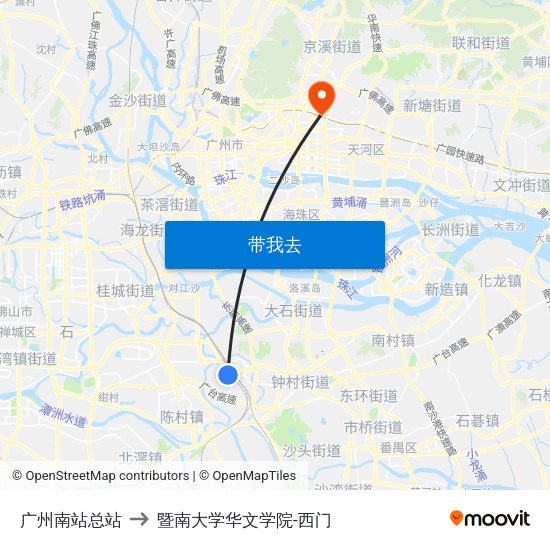 广州南站总站 to 暨南大学华文学院-西门 map