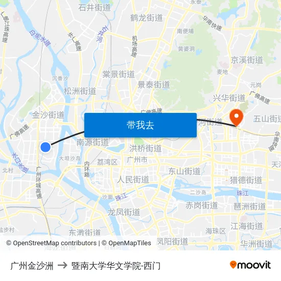 广州金沙洲 to 暨南大学华文学院-西门 map