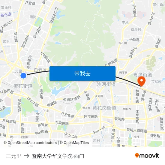 三元里 to 暨南大学华文学院-西门 map