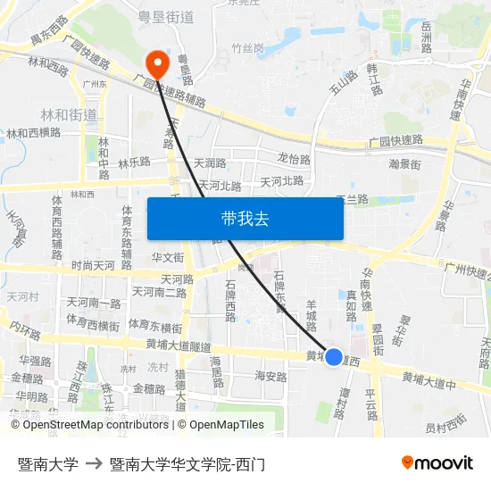 暨南大学 to 暨南大学华文学院-西门 map