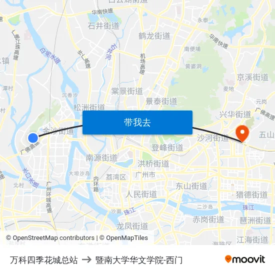 万科四季花城总站 to 暨南大学华文学院-西门 map