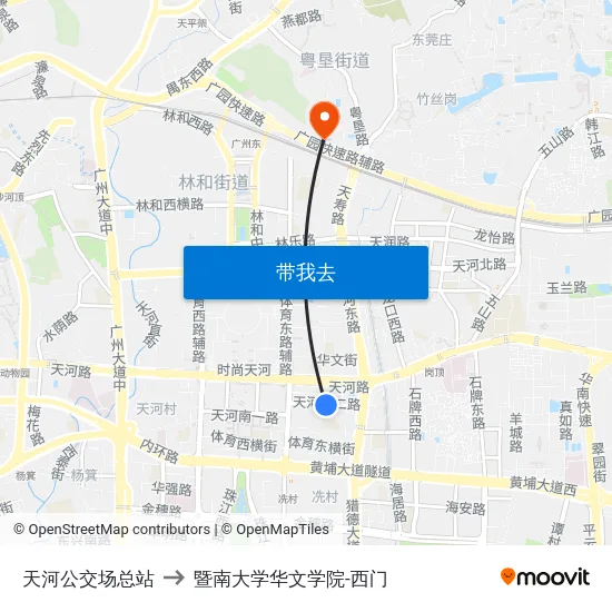 天河公交场总站 to 暨南大学华文学院-西门 map