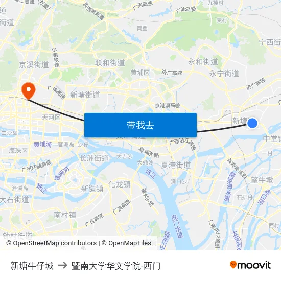 新塘牛仔城 to 暨南大学华文学院-西门 map