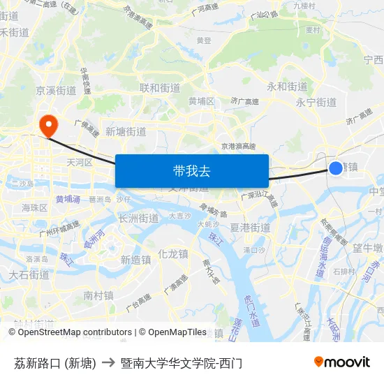 荔新路口 (新塘) to 暨南大学华文学院-西门 map