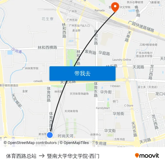 体育西路总站 to 暨南大学华文学院-西门 map