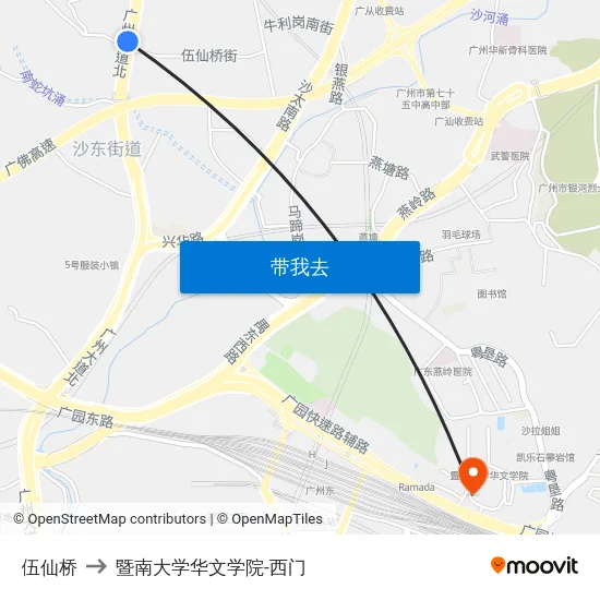伍仙桥 to 暨南大学华文学院-西门 map