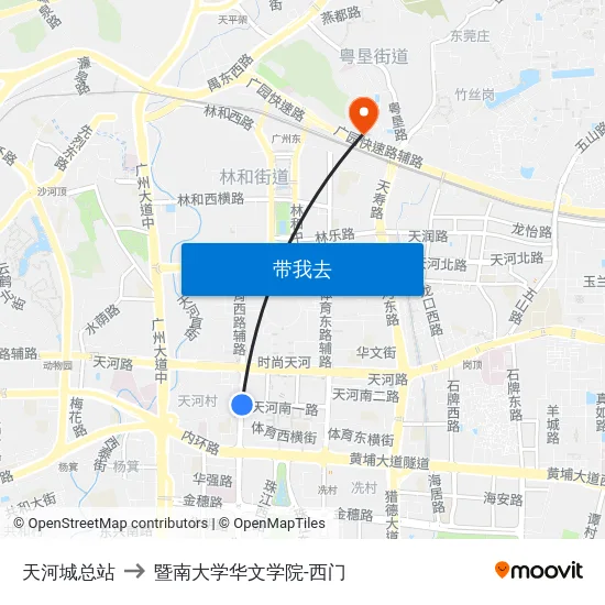 天河城总站 to 暨南大学华文学院-西门 map