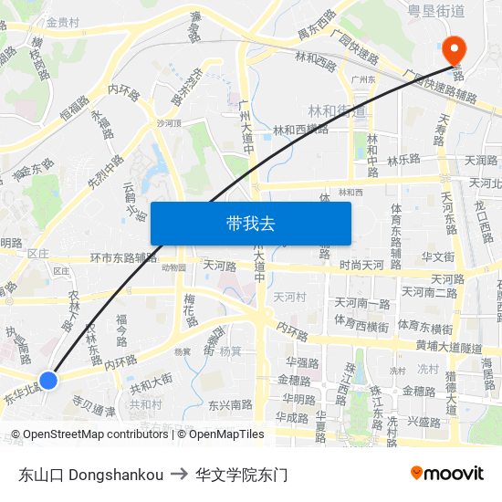 东山口 Dongshankou to 华文学院东门 map