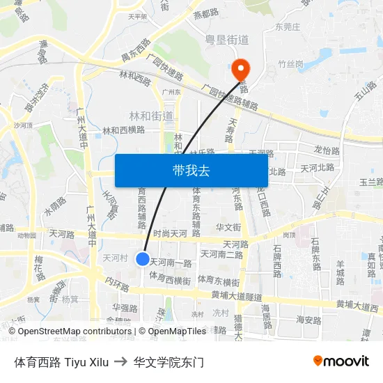 体育西路 Tiyu Xilu to 华文学院东门 map