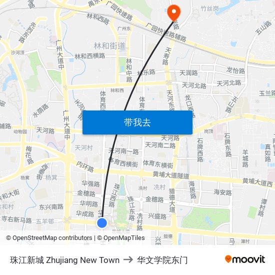 珠江新城 Zhujiang New Town to 华文学院东门 map