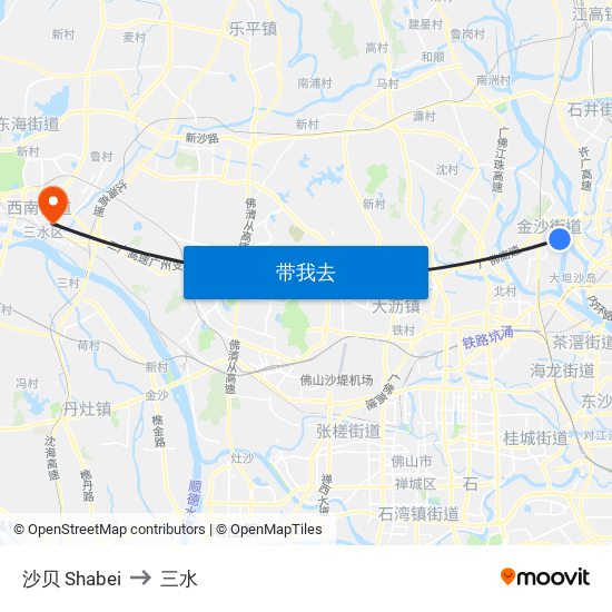 沙贝 Shabei to 三水 map