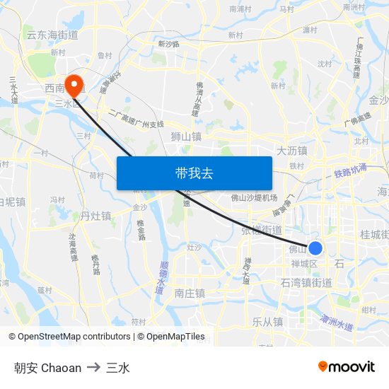 朝安 Chaoan to 三水 map