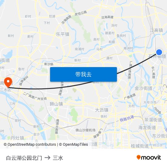 白云湖公园北门 to 三水 map