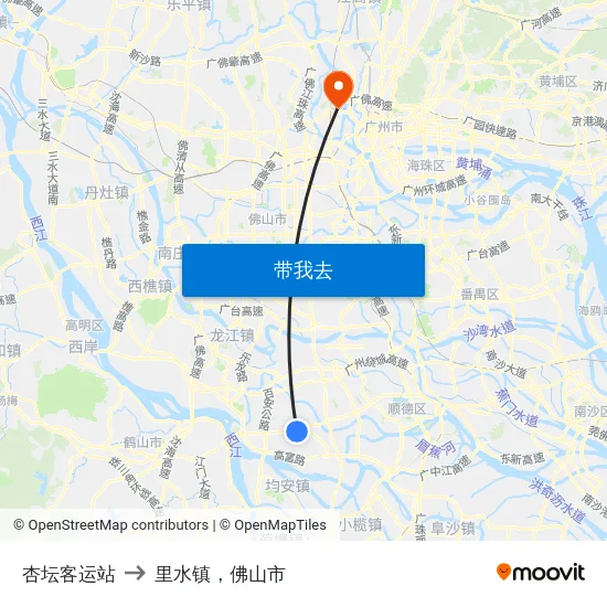 杏坛客运站 to 里水镇，佛山市 map