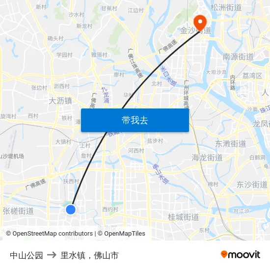 中山公园 to 里水镇，佛山市 map