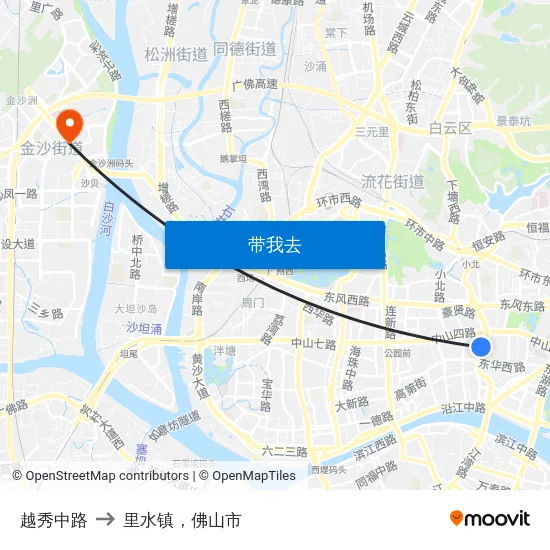 越秀中路 to 里水镇，佛山市 map