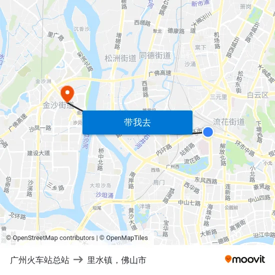 广州火车站总站 to 里水镇，佛山市 map