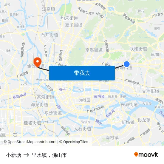 小新塘 to 里水镇，佛山市 map