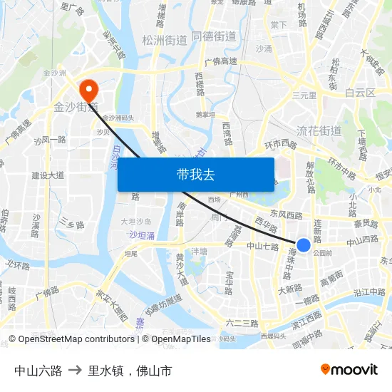 中山六路 to 里水镇，佛山市 map
