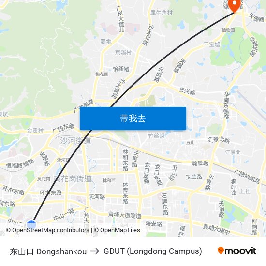 东山口 Dongshankou to GDUT (Longdong Campus) map