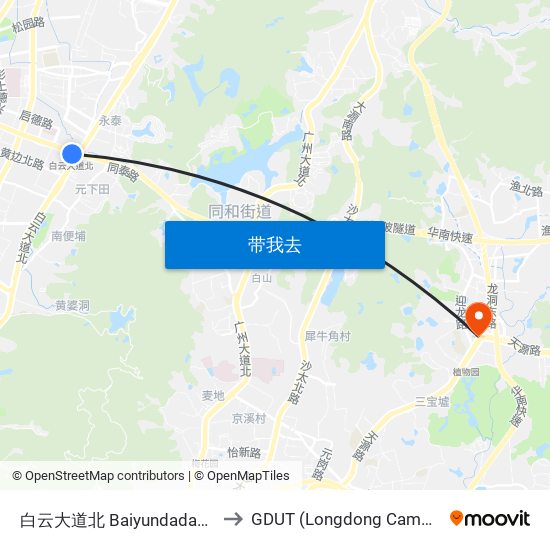 白云大道北 Baiyundadaobei to GDUT (Longdong Campus) map