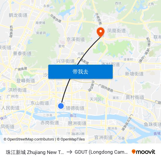 珠江新城 Zhujiang New Town to GDUT (Longdong Campus) map